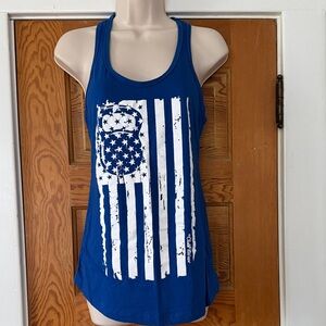 #ClubFitWear Blue and white Kettlebell American Flag Racerback Tank Top